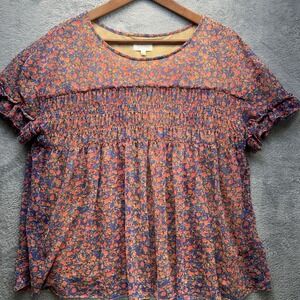 Deletta Anthropologie Floral Smocked Ruffle Sleeve Top Blue Orange Red Medium